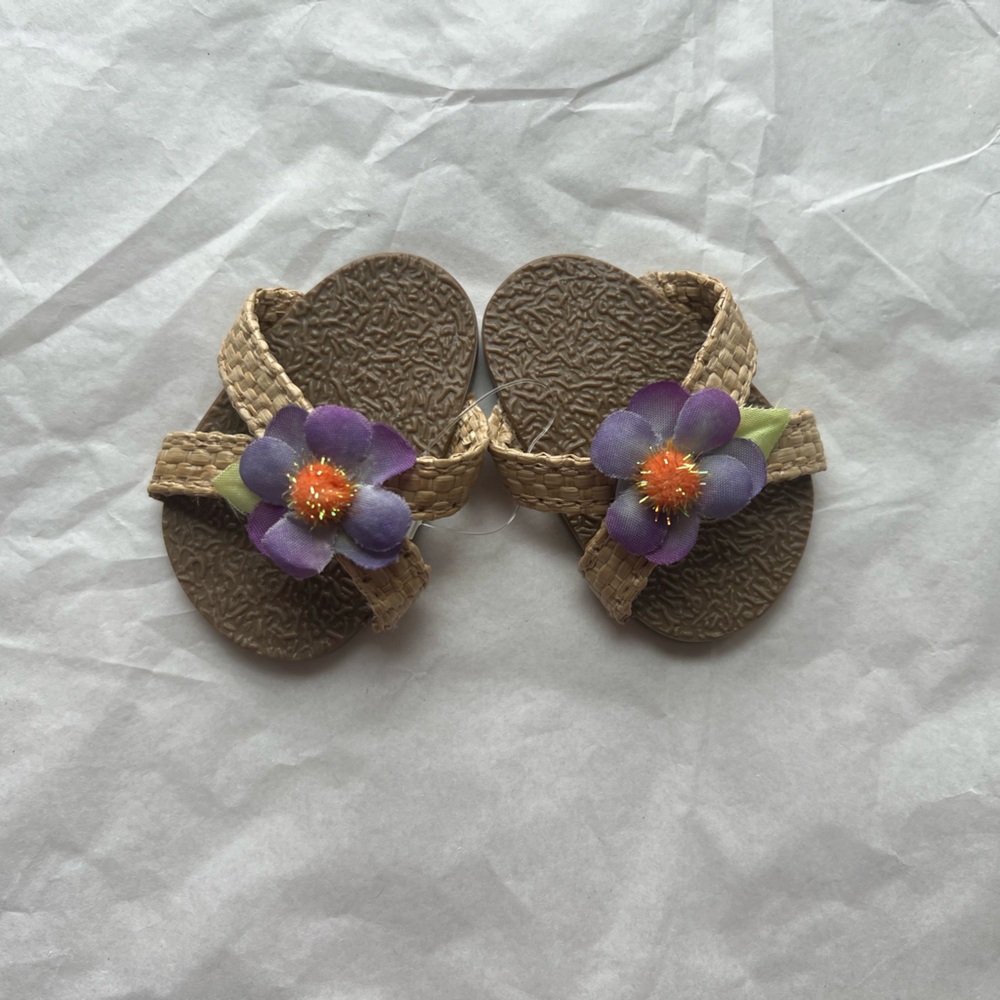 NWOT American Girl Raffia CrissCross Sandals with Purple Flower Orange Pom Pom